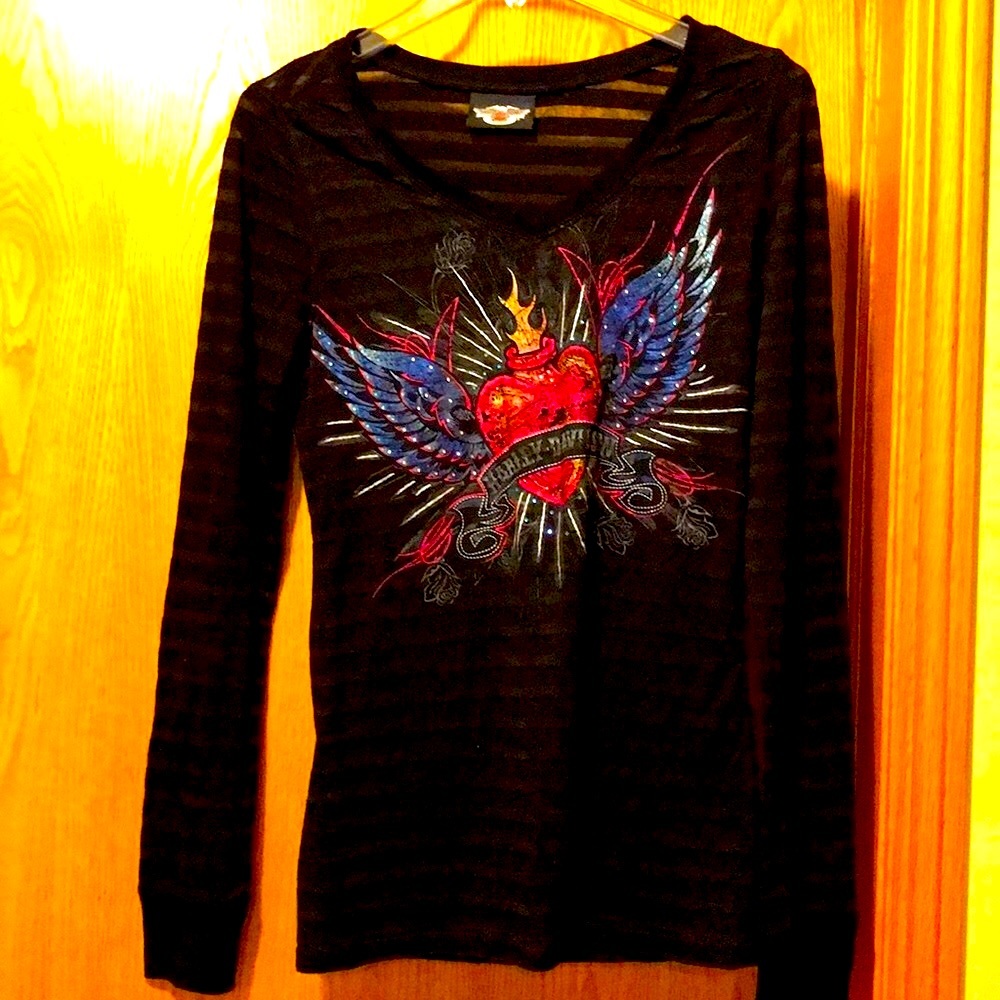New Harley Davidson motorcycles M sheer stripe stud wings heart logo tee t shirt
